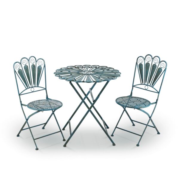 Juego de Bistró Alpine Corporation BVK608A 3 Piezas Metal Plumas de Pavo Real Azul Claro Plegable