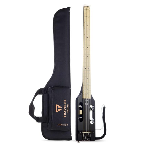 Traveler Guitar Guitarra Bajo Ultra-Ligera Negro Brillante | Guitarra de Bajo de Viaje Pequeña con Apoyo de Regazo Remov