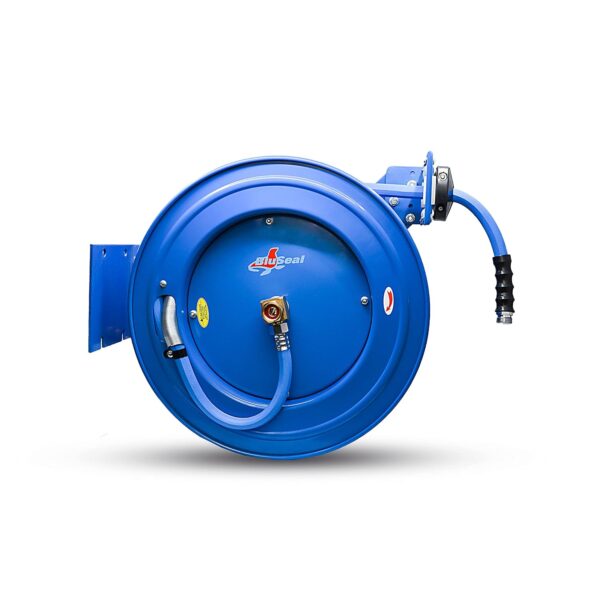 Carrete de Manguera Retráctil RMX BluSeal BSWR1250HRS Manguera de Goma 1/2 Pulgadas x 50 Pies Boquilla 9 Modos Azul