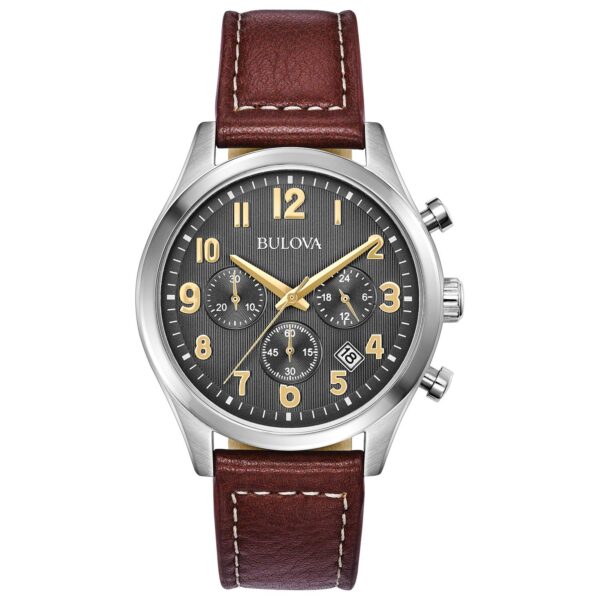 Reloj Bulova Clásico 96B301 Cronógrafo Acero Inoxidable Correa de Cuero Negro Esfera Gris 41mm