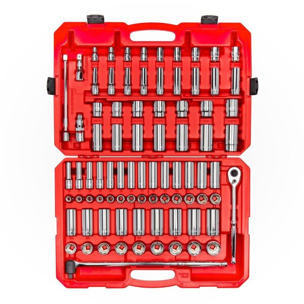 TEKTON Juego de llaves de vaso y trinquete de 6 puntos poco profundos y profundos de 1/2 pulgada con estuche, 83 piezas
