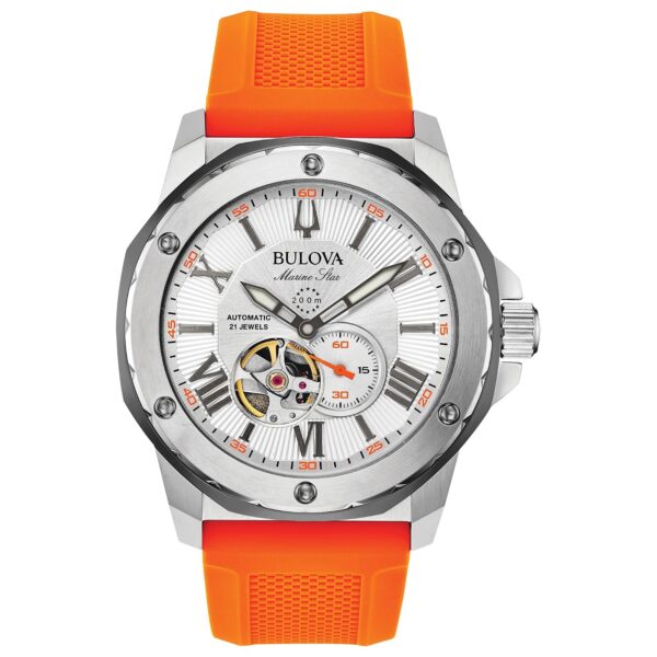 Reloj Automático Bulova Marine Star Serie A Modelo 98A226 Correa de Silicona Naranja Caja de Acero Inoxidable 45 Milímet