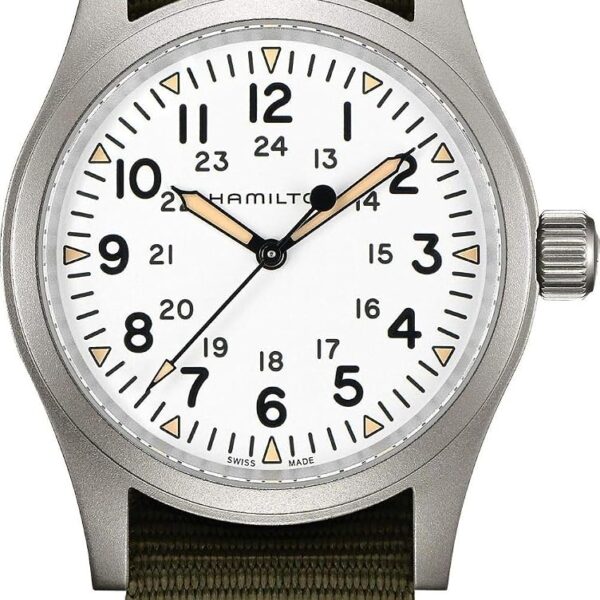 Reloj Hamilton Khaki Field Mechanical H69439411 Caja de Acero Inoxidable 38 mm Esfera Blanca Correa Textil Verde Cristal