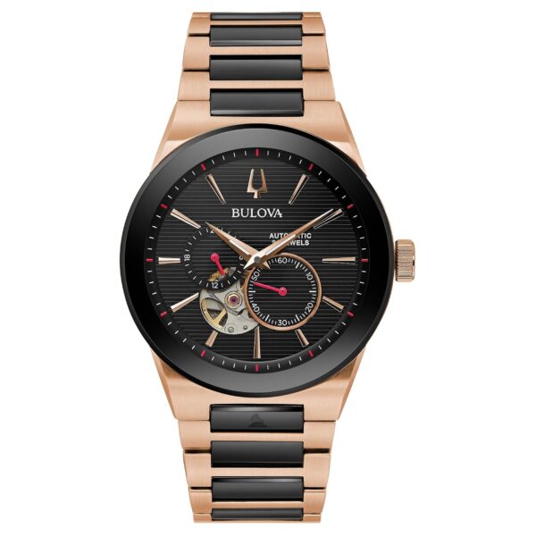 Reloj Bulova Latin Grammy Modern Millenia Automático 98A236 Acero Inoxidable Dos Tonos Esfera Negra 41 Milímetros