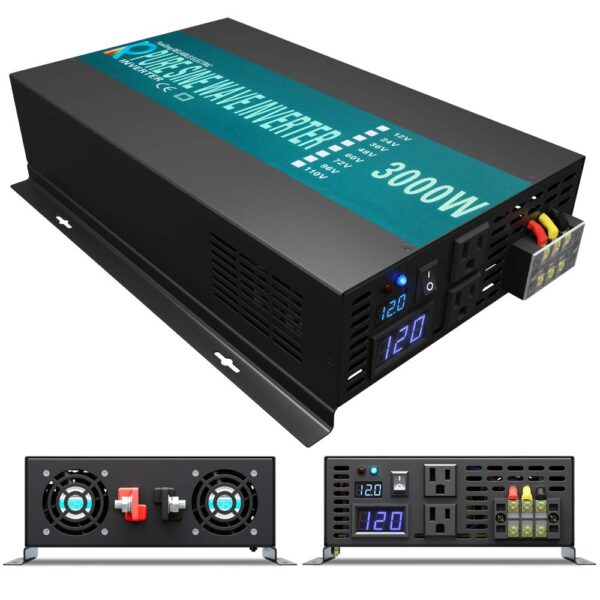 Inversor de Corriente WZRELB RBP300012 3000W 12V DC a 120V AC Onda Sinusoidal Pura Negro