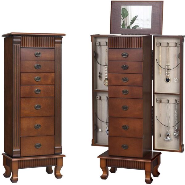Armario de Joyería HOMGX Jewelry Armoire con Espejo de Maquillaje 7 Cajones 2 Puertas Batientes 12 Ganchos para Collares