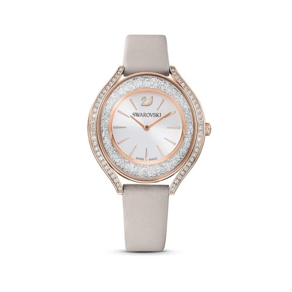 Reloj Swarovski Crystalline Aura 5519450 Correa de Cuero Gris Topo Caja Tono Oro Rosa Cristales Fabricación Suiza