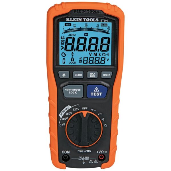 Klein Tools ET600 Multímetro, Probador de Aislamiento Megohmímetro, Resistencia de 4000 Ohms, 125V/250V/500V/1000V, Mult