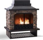 Chimenea para Exteriores Sunjoy Gwendolyn Acero Negro con Piedra Manufacturada Rejilla Removible y Atizador