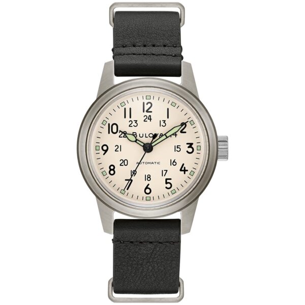 Reloj automático Bulova Heritage Hack Military 96A246 acero inoxidable correa de cuero NATO esfera blanco sucio 38 milím