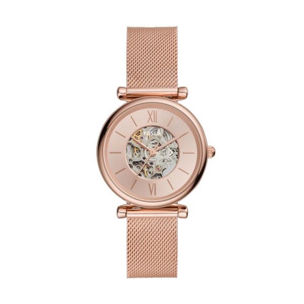 Reloj Fossil Carlie Automático Acero Inoxidable Malla Oro Rosa 35mm