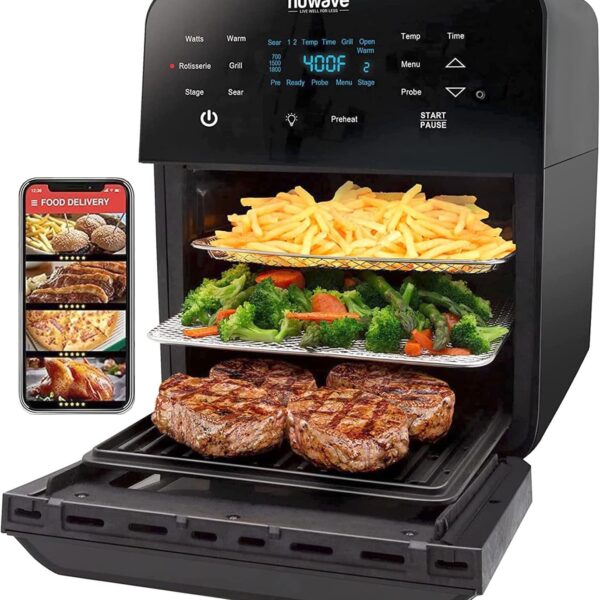 Nuwave Brio - Horno freidora de aire, tamaño familiar XL de 15.5 cuartos de galón, cesta de asador SS y kit de brocheta,