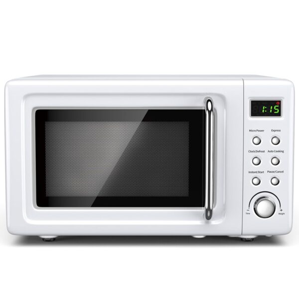 Horno microondas retro para encimera, grande de 0.7 pies cúbicos, 700 vatios, encimera de acero laminado en frío con aju