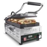 Waring Prensa comercial Panini, placas de hierro fundido acanaladas, superficie de cocción de 7.75 x 14.5 pulgadas, term