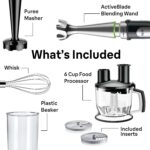 Braun Batidora de mano de inmersión 4 en 1, potente batidora de acero inoxidable de 500 W, velocidad variable + procesad