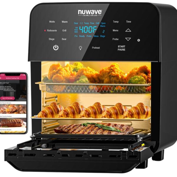 NuWave Brio 15.5Qt Horno y freidora de aire con asador, tamaño X-grande para familia, potente 1800W, 4 posiciones de par
