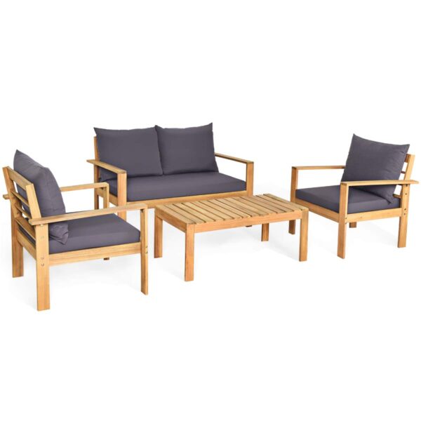 Juego de Sofás de Conversación Tangkula AM2992HM 4 Piezas Madera de Acacia Gris Estilo Rústico con Mesa de Centro y Cubi