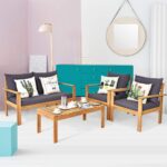 Juego de Sofás de Conversación Tangkula AM2992HM 4 Piezas Madera de Acacia Gris Estilo Rústico con Mesa de Centro y Cubi