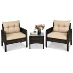 Juego de Muebles de Patio HAPPYGRILL GO-HG0475 3 Piezas Mesa de Café de Ratán con Sillas y Cojines Color Beige
