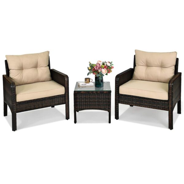 Juego de Muebles de Patio HAPPYGRILL GO-HG0475 3 Piezas Mesa de Café de Ratán con Sillas y Cojines Color Beige