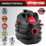 Shop-Vac Aspiradora portátil húmeda/seca de 5 galones y 6.0 HP de potencia máxima, manguera de 1-1/2 pulgadas de diámetr