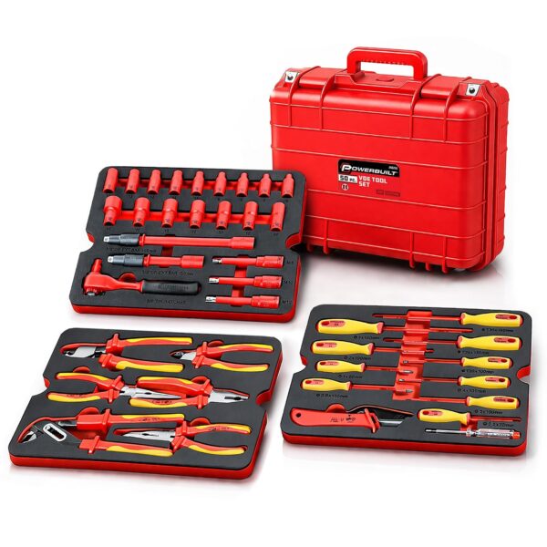 Powerbuilt Juego de herramientas VDE para electricistas aislados de 50 piezas de 1000 V con estuche impermeable, 3/8 pul