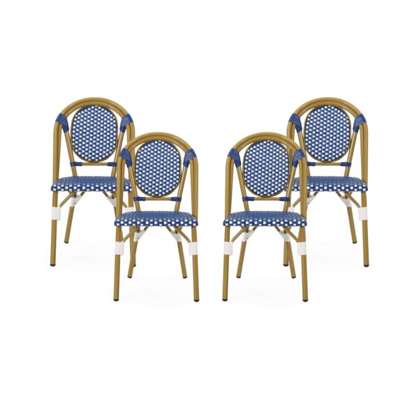 Sillas Bistró Francesas Christopher Knight Home Gwendolyn 313249 Juego de 4 Aluminio Ratán Sintético Azul y Blanco Acaba