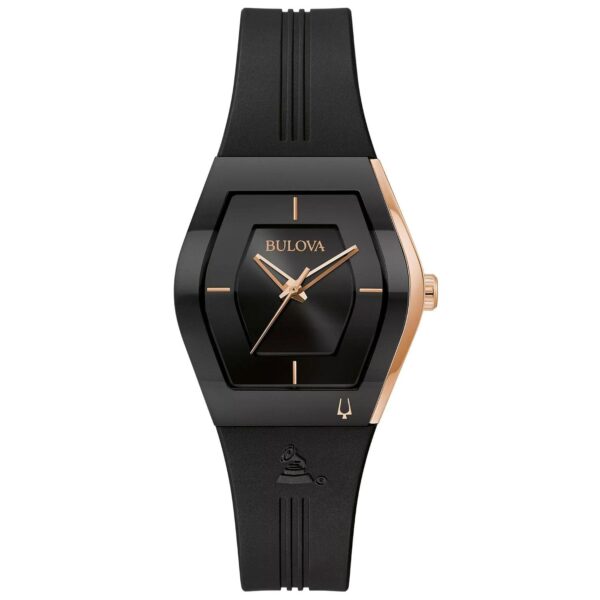 Reloj Bulova Latin Grammy Gemini 97L163 Caja Tonneau Acero Inoxidable Oro Rosa Correa de Silicona Negra Mujer