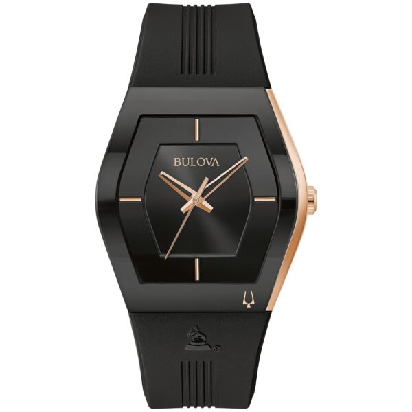 Reloj Bulova Latin Grammy Gemini 97A163 para Hombre Caja Tonneau Acero Inoxidable Oro Rosa Correa de Silicona Negra 40.5