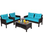 Juego de Muebles de Patio Tangkula 4 Piezas GT-TK-TU68637HW+ Turquesa con Mesa de Centro de Vidrio Templado