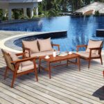 Juego de Sofá de Patio Tangkula 4 Piezas Madera de Acacia con Ratán GT-TK-HW68969BN+ Marrón con Cojines y Mesa de Centro