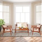 Juego de Sofá de Patio Tangkula 4 Piezas Madera de Acacia con Ratán GT-TK-HW68969BN+ Marrón con Cojines y Mesa de Centro