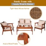 Juego de Sofá de Patio Tangkula 4 Piezas Madera de Acacia con Ratán GT-TK-HW68969BN+ Marrón con Cojines y Mesa de Centro