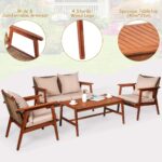 Juego de Sofá de Patio Tangkula 4 Piezas Madera de Acacia con Ratán GT-TK-HW68969BN+ Marrón con Cojines y Mesa de Centro
