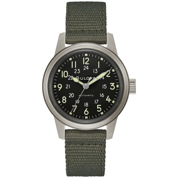 Reloj Bulova Military Heritage Hack 96A259 para Hombre Automático Acero Inoxidable Esfera Negra Correa Verde 38 milímetr