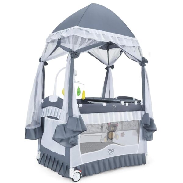 BABY JOY Parque 4 en 1 con toldo, parque portátil para bebé con moisés, cuna de bebé de doble capa, ruedas y freno, mois