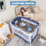 BABY JOY Parque 4 en 1 con toldo, parque portátil para bebé con moisés, cuna de bebé de doble capa, ruedas y freno, mois