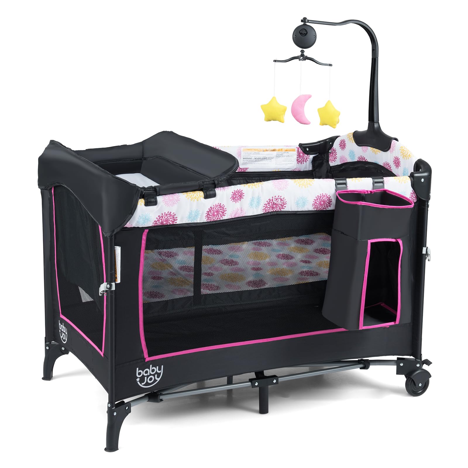 Corralito Pack and Play BABY JOY BP-90 4 en 1 rosa con moisés cuna de noche cambiador y centro de actividades tela Oxfor