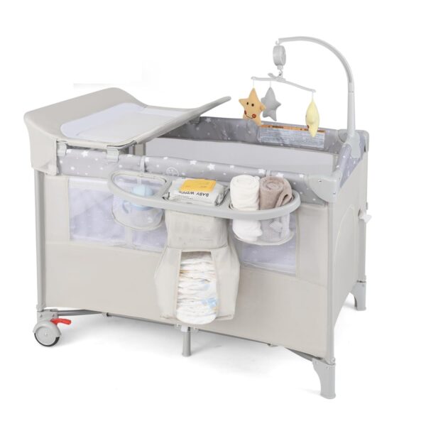 BABY JOY Pack and Play 5 en 1, Cuna Portátil para Bebé al Lado de la Cama con Moisés, Cambiador de Pañales en Forma de U