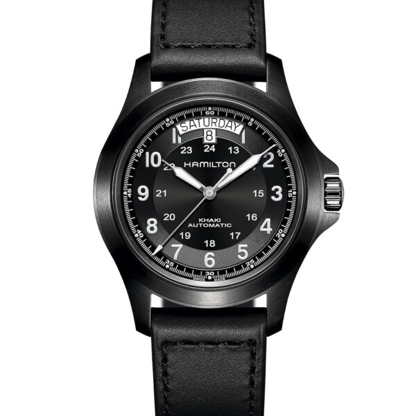 Reloj Hamilton Khaki Field King H64465733 automático caja de acero inoxidable 40 milímetros esfera negra correa de cuero