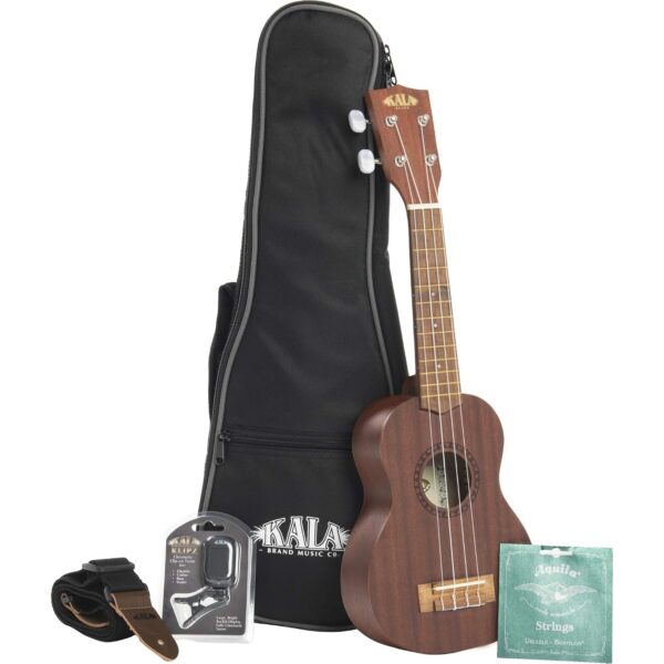 Kala Paquete de ukelele de caoba satinada serie KA-15 con diapasón de palisandro, afinador, bolsa de concierto, correa y