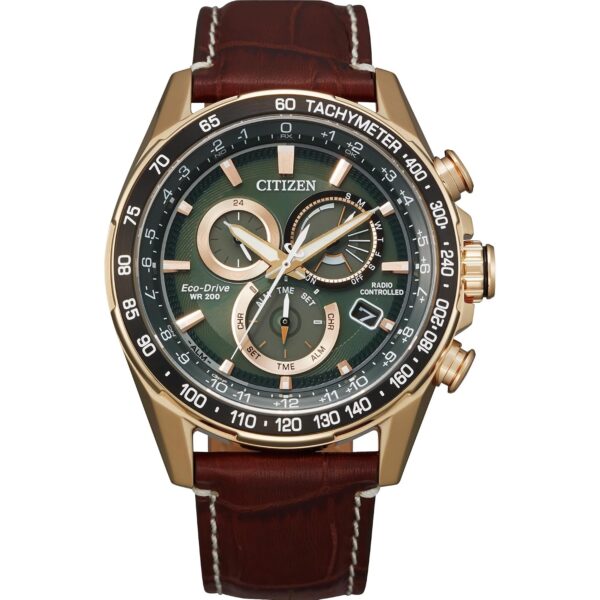 Reloj Citizen Eco-Drive PCAT CB5919-00X Cronógrafo Caja Acero Inoxidable Tono Oro Rosa 43mm Esfera Verde Correa de Cuero