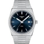 Reloj de vestir para hombre Tissot PRX con caja de acero inoxidable 316L 40 mm correa gris esfera azul T1374101104100
