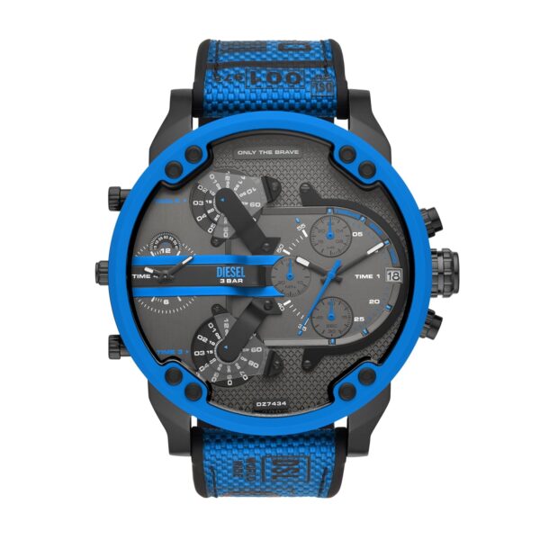 Reloj Diesel Mr. Daddy 2.0 DZ7434 Caja Redonda Acero Inoxidable 57mm Esfera Gris Correa de Nylon y Silicona Azul y Negro