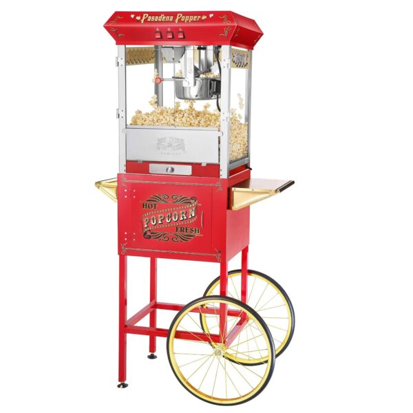 Máquina de palomitas de maíz Pasadena con carrito, hace 3 galones, hervidor de 8 onzas, cajón de viejas sirvientas, band