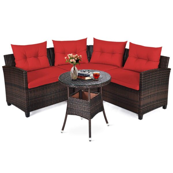 Juego de Muebles de Patio Tangkula GT-68655RE-HW+A 4 Piezas Ratán Color Rojo con Mesa de Centro Cristal Templado