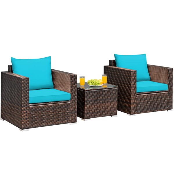 Juego de Muebles de Patio Tangkula 3 Piezas GT-TK-HW66531TU+ Ratán PE con Mesa de Vidrio Templado