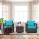 Juego de Muebles de Patio Tangkula 3 Piezas GT-TK-HW66531TU+ Ratán PE con Mesa de Vidrio Templado