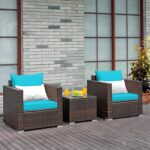 Juego de Muebles de Patio Tangkula 3 Piezas GT-TK-HW66531TU+ Ratán PE con Mesa de Vidrio Templado