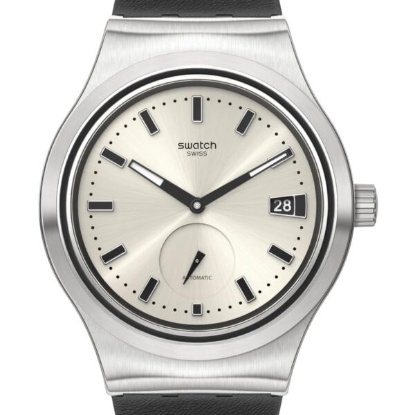Reloj Unisex Swatch INEVITABLE Modelo SY23S408 Caja de Acero Inoxidable Pulsera de Cuero Negro Dial Blanco 42 Milímetros